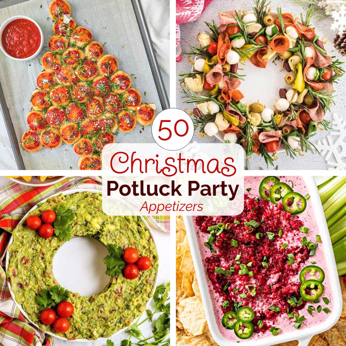 Square collage of 4 recipes with text reading Collage of 4 recipe photos with text overlay "50 Christmas Potluck Party Appetizers".