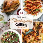Collage of four recipe photos with text overlay reading "41 Delicious! Thanksgiving Grilling Recipes".