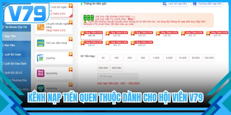 Kênh nạp tiền quen thuộc dành cho hội viên V79